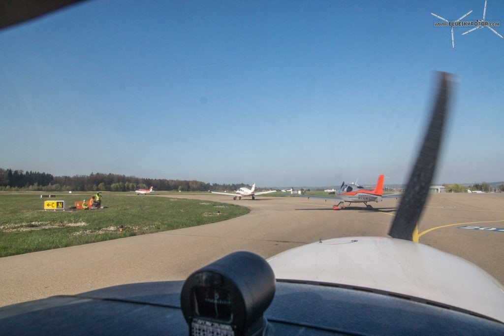 Waiting in queue to leave EDNY Friedrichshafen airport